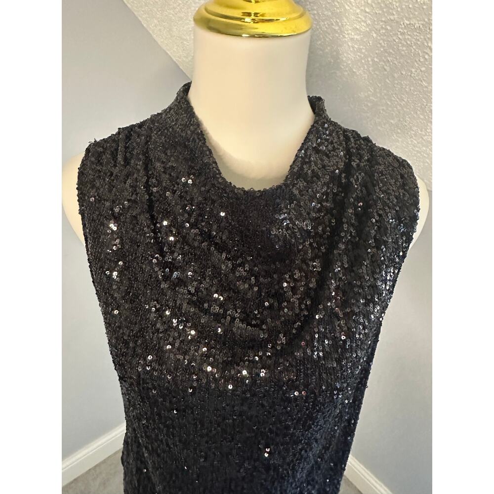 EUC Cable & Gauge Black Sequin Sleeveless Top Sz L Cowl Mock Neck Keyhole - Picture 2 of 7